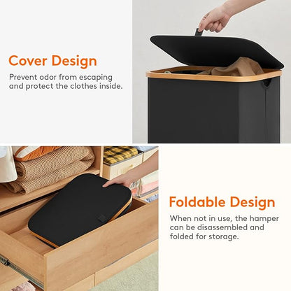 Lifewit 100L Laundry Basket with Lid, Clothes Hampers for Laundry with Bamboo Handles and A Removable Bag, Large Foldable Laundry Hamper for Bedroom, Bathroom, Dorm, Laundry Room, Black