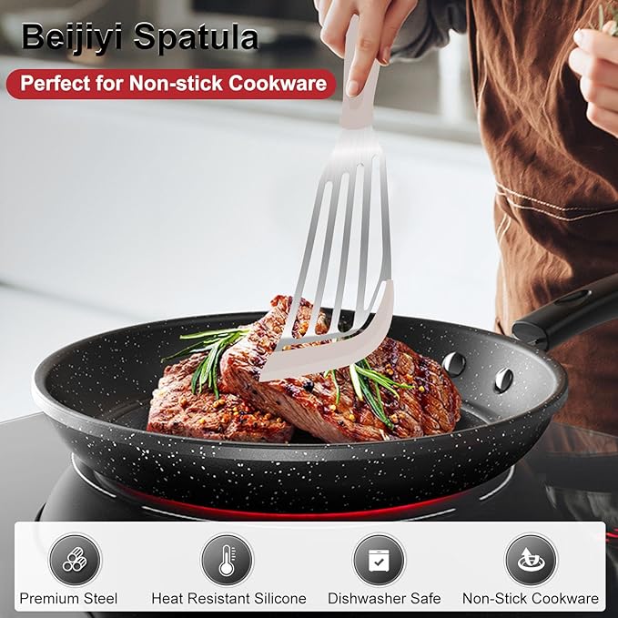 Beijiyi Silicone Fish Spatula Set, 2-Piece Heat Resistant Fish Turner Spatula for Non Stick Frying Pan, Flexible Kitchen Cooking Utensils, Slotted Egg Flipper, Large 12.3 In, Small 10.6 In, Khaki