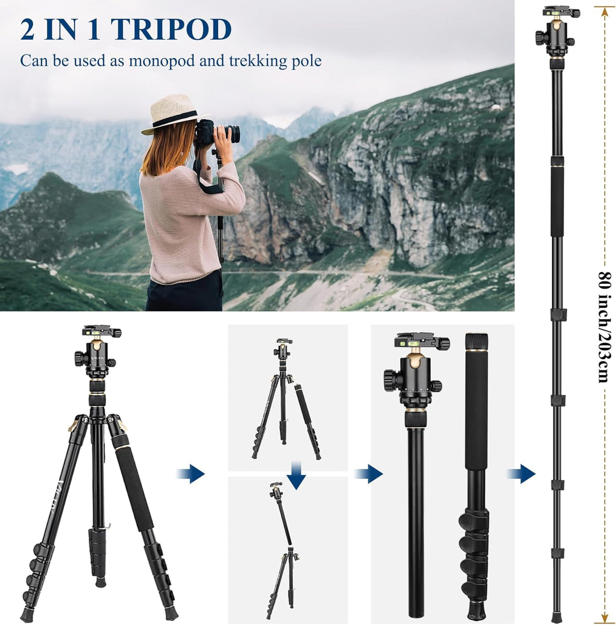 77" Aluminum Camera Tripods & Monopods, Victiv Compact Travel Tripod for Camera DSLR, Spotting Scope,Telescope, Binoculars, Porfessional Heavy Duty Camera Tripod Stand for Photography Video Recording