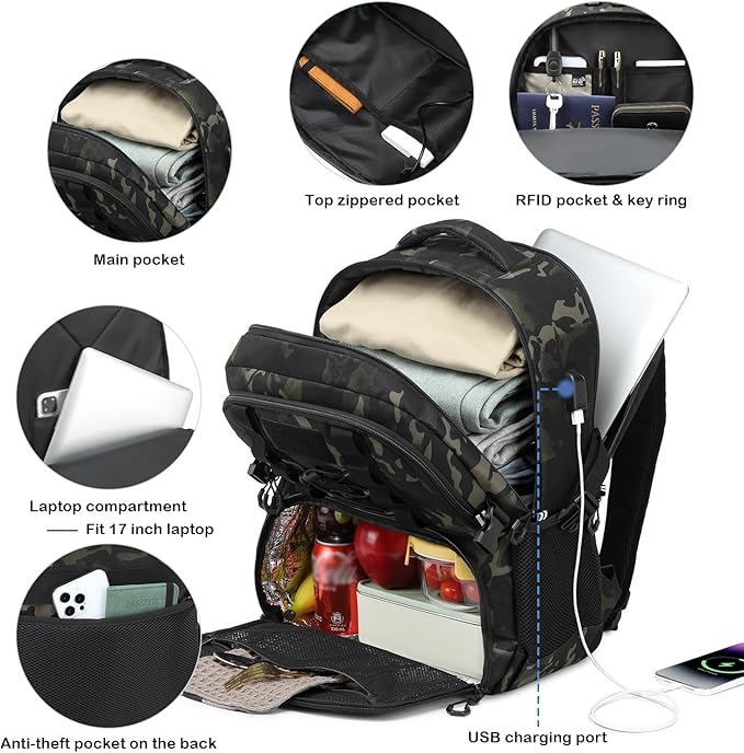 Laptop Lunch Backpack for Men - 40L Large Capacity Work Backpack with Lunch Compartment and USB Post, RFID Insulated Cooler Backpack for Work, Travel, Picnic, Dark Camo