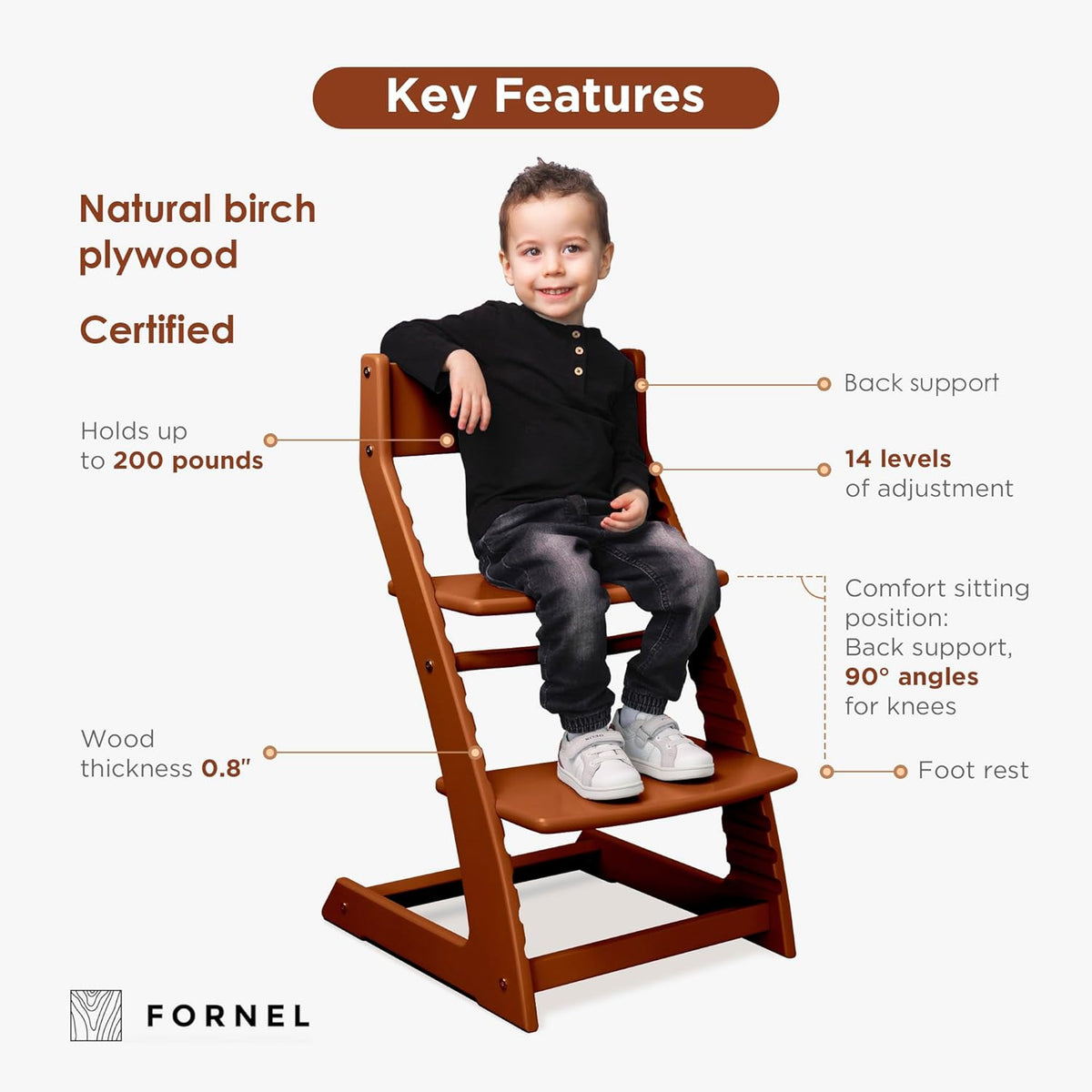 FORNEL Adjustable Wooden High Chair for Babies, Toddlers & Kids | The Grow-with-Me Chair from 6 Months to 200 lbs | Modern, Easy to Clean Dining Chair (Walnut)