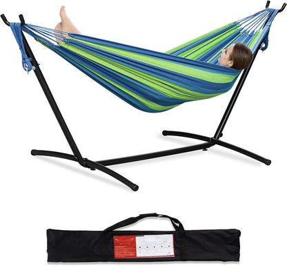 PNAEUT Double Hammocks with Stand for Outside, Portable Space Saving Heavy-Duty Steel Stand for Indoor Outdoor Patio with Carrying Bag, 450 lbs Capacity (Blue)