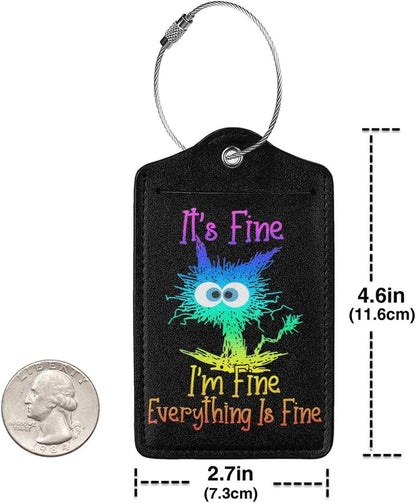 2 Pack Luggage Tags for suitcases Cute Funny I'm Fine It's Fine Color Luggage Tag, Leather Stainless Steel Loop Label Tag for Men Women Travel Bag Suitcase（Black Laser）