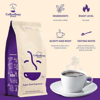 Coffee Bean Direct Super Dark Espresso, Whole Bean Coffee, Very Dark Roast, 2.5 Pound Bag (Pack of 1)