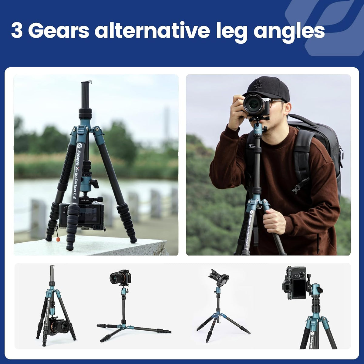 Fotopro 59" Carbon Fiber Travel Tripod, Compact Camera Tripod with Ball Head, Detachable Monopod with Quick Release Plate and Bag, Load up to 8KG/17.63lbs, Blue