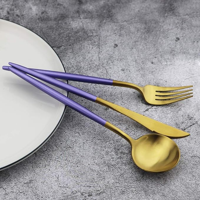 Gugrida 20-Piece 18/10 Stainless Steel Flatware Silverware, Luxury Dinnerware Set Travel Cutlery Tableware Include Knife Fork Spoon Service for 4, Dishwasher Safe (Purple Handle Matte Gold)