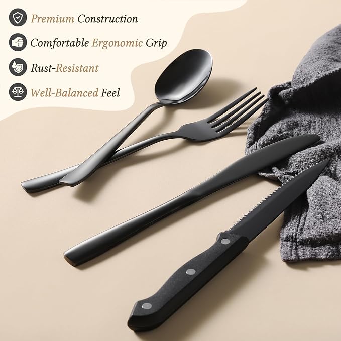 Hiware 48-Piece Black Silverware Set