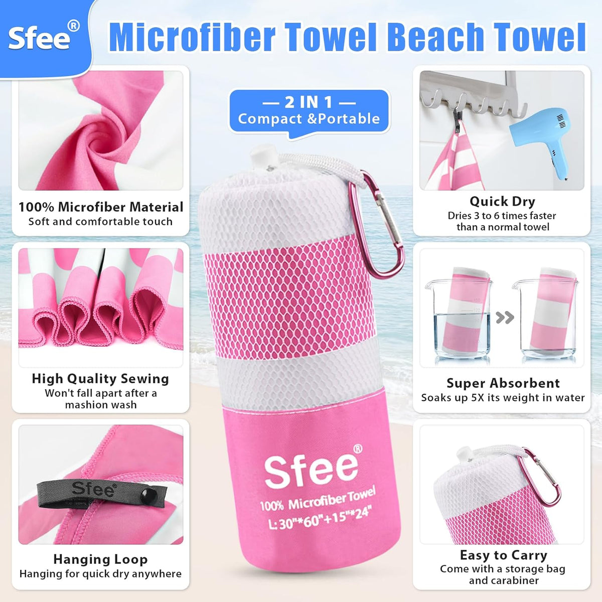 Sfee 2 in 1 Microfiber Oversized Beach Towel, Quick Dry Towel Travel Towel Camping Towel Super Absorbent Compact Lightweight Sports Gym Towels for Beach,Gym, Hiking, Pool, Backpacking, Bath, Yoga