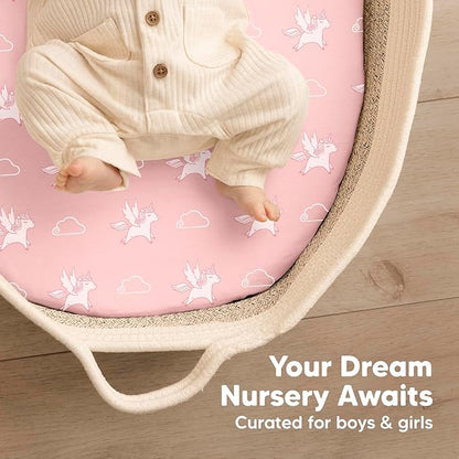 2-Pack Baby Bassinet Sheets Girl, Boy - 33x17 Viscose Derived from Bamboo Bedside Mattress Fitted Bassinet Sheets, Compatible with Halo Bassinest Swivel Sleeper, Baby Delight, Graco(Dreamland)