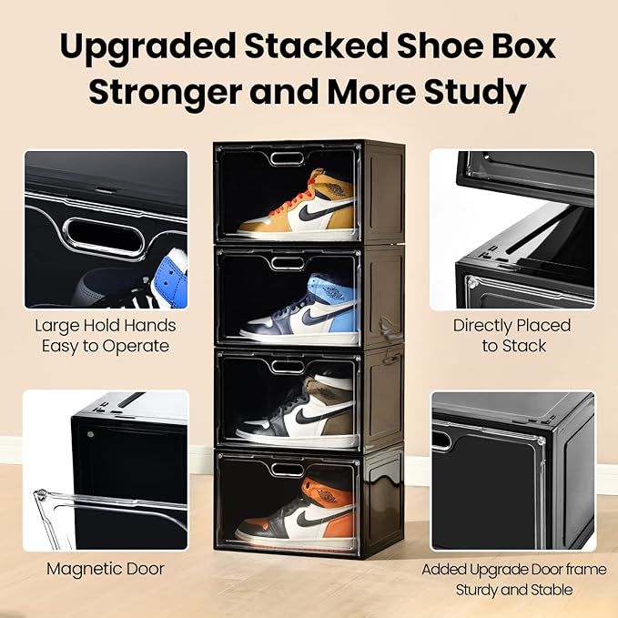 8 Pack Shoe Boxes Black Plastic Stackable, Large Shoe Storage Organizer,Drop Side Front Shoe Containers for Entryway,Sneaker Storage Fit up to US Size 13 for Men/Women(13’’x 10.6”x 8.3”)