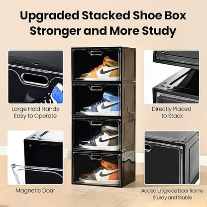 8 Pack Shoe Boxes Black Plastic Stackable, Large Shoe Storage Organizer,Drop Side Front Shoe Containers for Entryway,Sneaker Storage Fit up to US Size 13 for Men/Women(13’’x 10.6”x 8.3”)