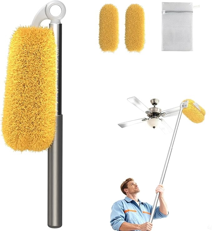 Long Handle Duster with 2 Replacement Heads, Washable Cleaning Duster Kit with Laundry Mesh Bag, Cobweb Duster, Extendable Dusting Tool for Home and Office
