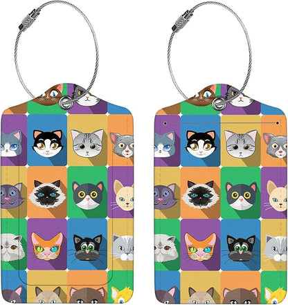 2 Pcs Luggage Tags for Suitcases, PU Leather Cruise Ship Luggage Tags with Privacy Cover Label Address Card and Durable Metal Ring Suitable for Men Women Handbags Backpacks Schoolbag,Animal Squares