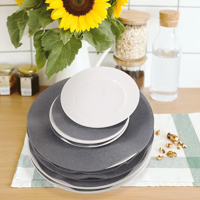 96 Pack Felt Plate Dividers Protectors, Thick Felt Round Plate Separators Pads China Dish Storage Protectors Pads with 3 Sizes for Packing Stacking Porcelain Cookware, Grey