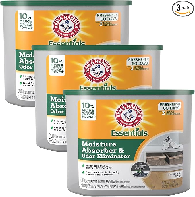 Arm & Hammer Essentials Disposable Moisture Absorber and Odor Eliminator Tub, Fragrance Free, 1 lb., Attracts and Traps Excess Moisture, Ideal Closet Dehumidifier (Pack of 3)
