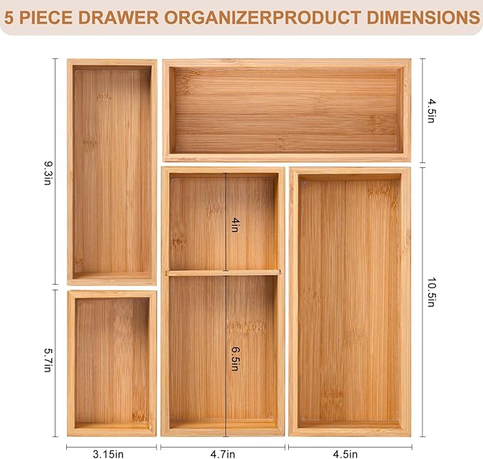 Bamboo Drawer Organizer 5 Pcs for Kitchen Multi-purpose Storage Dividers for Kitchen, Office, Jewelry, Cosmetics, Wooden Drawer Dividers for Drawer Organizer Desk Organizer Gift for Women Gifts Idea