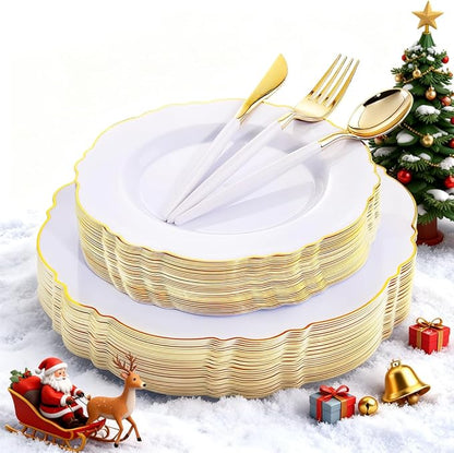 WDF 30Guest Gold Plastic Plates - High-end Baroque Design - 10.25&7.5in Wedding White and Gold Plates Disposable for Christmas Parties/Wedding