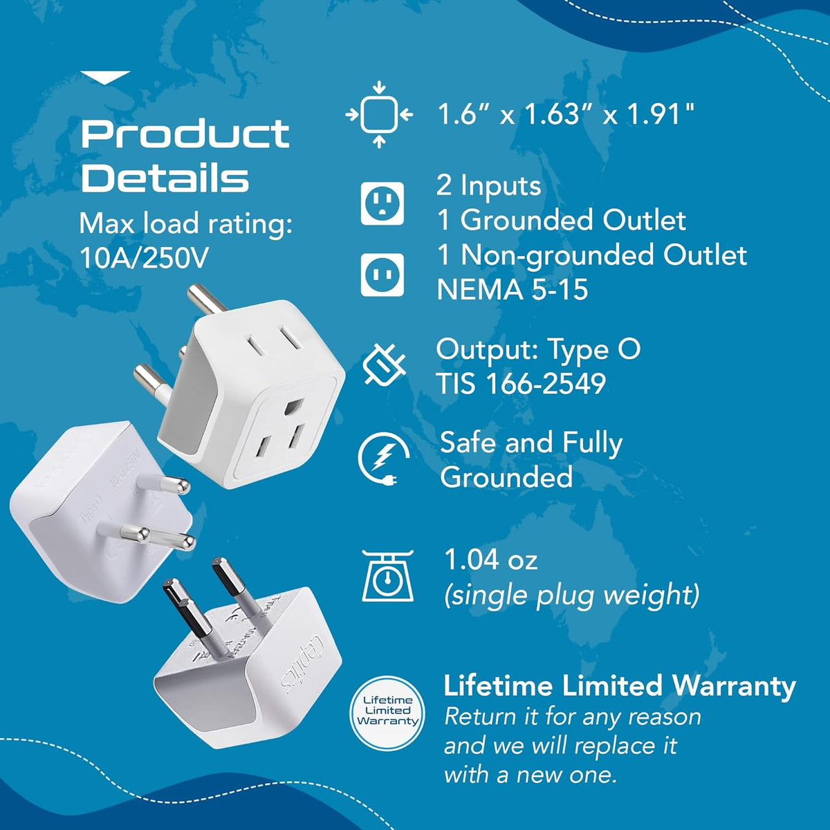 Ceptics Thailand Travel Adapter with Dual Usa Input (Type O) Ultra Compact - 3 Pack - Safe Grounded Perfect for Cell Phones, Laptops, Camera Chargers and More (CT-18)