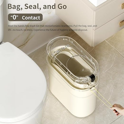 MRBIN Slim Automatic Bathroom Trash Can, 10L/2.6gal Touchless Pull Out Bagging Motion Sensor Waste Basket, Electric Smart Garbage Pail for Narrow Rv, Kitchen, Bedroom, White