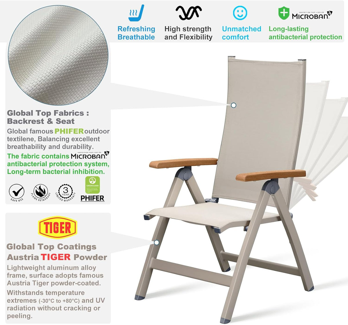 Adjustable Folding Chair, Indoor & Outdoor Balcony, Patio Porch, Garden Lawn, Pool, for Comfortable Foldable Chairs, Portable Cozy Recliner, Metal Frame with Teak armrest, Durable