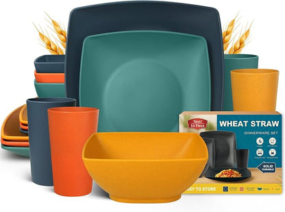 Teivio 16-piece Plastic Wheat Straw Square Dinnerware Set