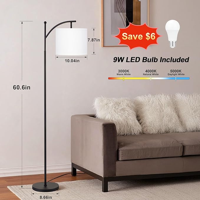 60" Floor Lamp With 3 Color Temperatures, Adjustable White Shade, Black Pole - Tall Lamp for Living Room, Bedroom, Office, Classroom, Dorm - 9W Bulb Included