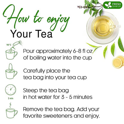 FreshDrinkUS, Premium 30 Tulsi Green Tea Bags, 100% Natural, Blend of Tulsi Holy Basil Leaves, and Green Tea Leaves. Made with Natural Material Tea Bags. No Sugar, Vegan.
