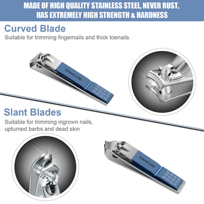 Manicure Set Professional Nail Clippers Pedicure Kit, 16 pcs Stainless Steel Nail Care Tools Grooming Kit with Luxurious Travel Leather Case for Thick Nails Men Women Gift (Blue)