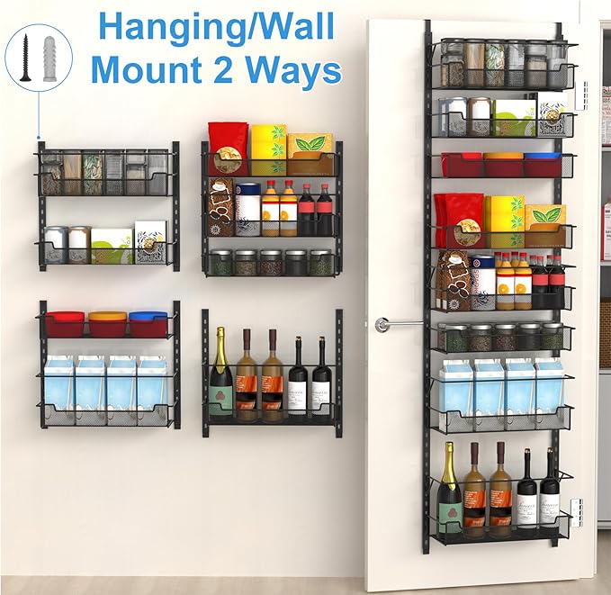 Over the Door Pantry Organizer, 8-Tier Over the Door Organizer with Adjustable Basket, Pantry Door Organization for Pantry Kitchen Storage Room Spice Rack, Black