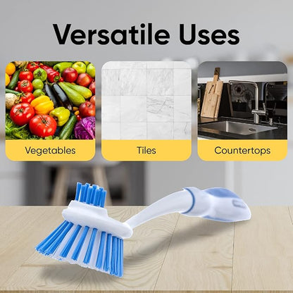 Dish Washing Vegetable Brush Scrubber with Stainless Steel Grill Brush, Scourer Sponge Brush Set with Long Handle and Rubber Grip, Non-Scratch, Kitchen Cleaning Set (2 Pack, Blue)