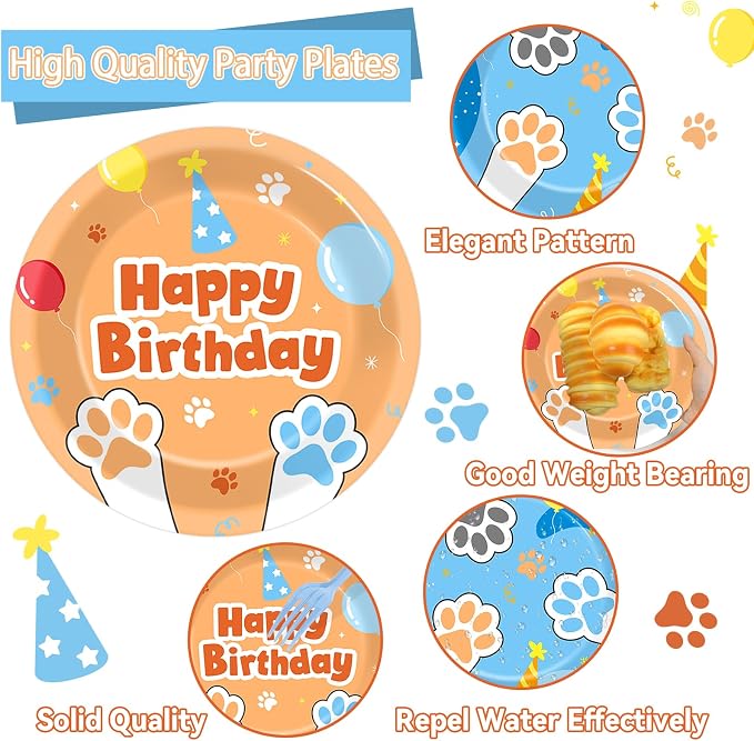 96Pcs Blue Dog Happy Birthday Party Supplies Cartoon Puppy Paper Plates and