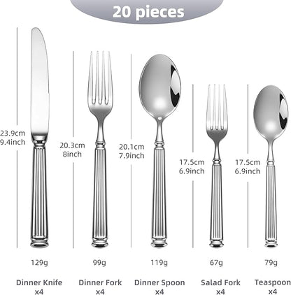 20-Piece 18/10 Stainless Steel Forged Flatware Set Heavy Duty Silverware for 4, Thick Handle, Ideal for Gift