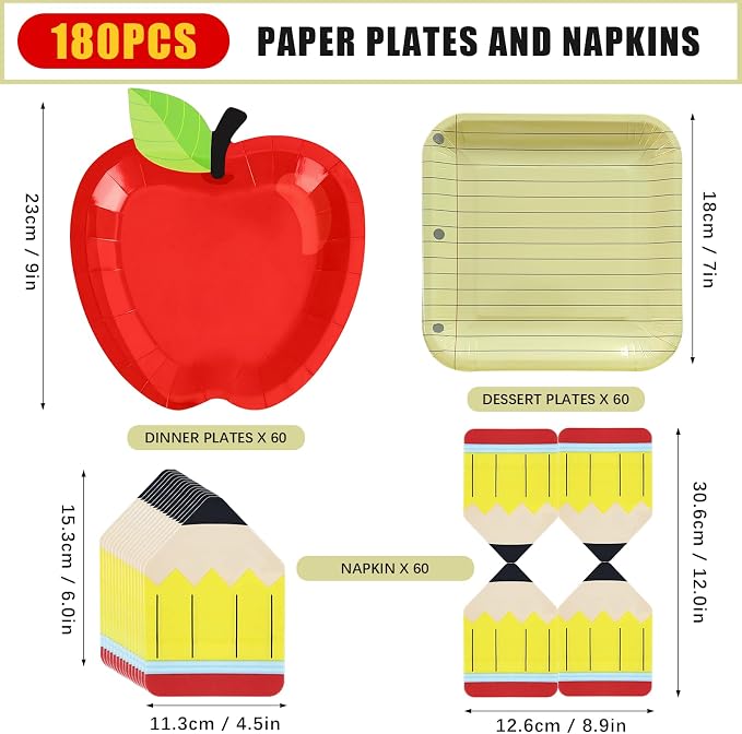 180Pcs Back to School Red Apple Paper Plates and Napkin Set, First Day of