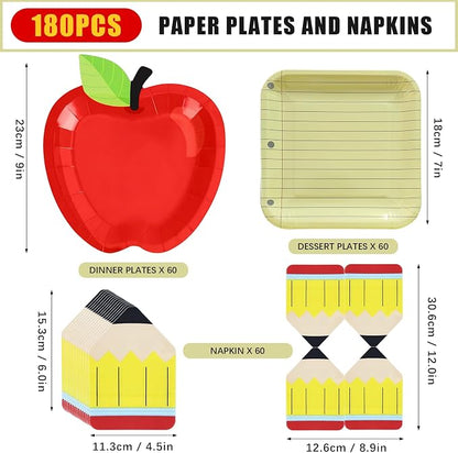 180Pcs Back to School Red Apple Paper Plates and Napkin Set, First Day of
