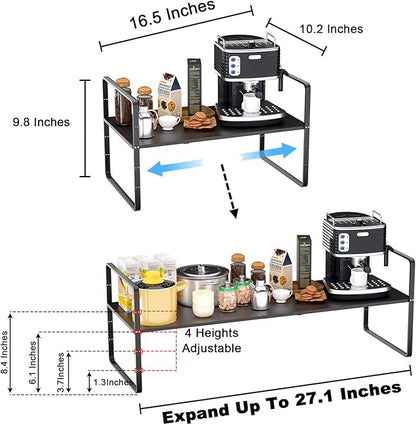Expandable Kitchen Cabinet Shelf Organizers 2 Pack, Stackable Metal Pantry Storage Shelves Rack, Adjustable Counter Shelf for Cabinets, Countertop, Cupboard Organizers and Storage, Black