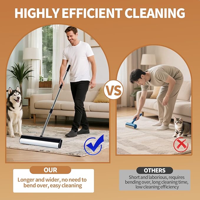 Large Lint Rollers for Carpet, 15.74 in Extra Sticky Rollers for Floor with 4 Extendable Handle, Long Handle Sticky Mop for Cleaning Carpet, Car, Clothes,Dog and Cat Pet Hair Remover with 360 Sheets