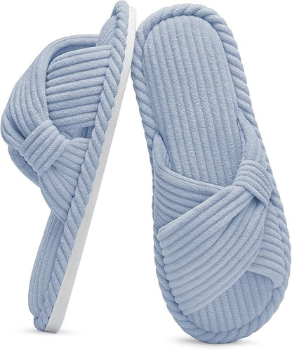 Evshine Summer House Slippers for Women Corduroy Cross Bow Indoor Slippers Open Toe Slip On Bedroom Shoes with Memory Foam