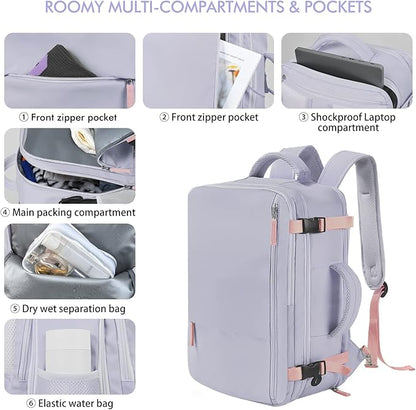 Beraliy Travel Backpack for Women, Airline Approved Backpack, Carry On Backpack,17.3 Inch Laptop Backpack,Personal Item Bag for College Weekender Business Hiking, Purple