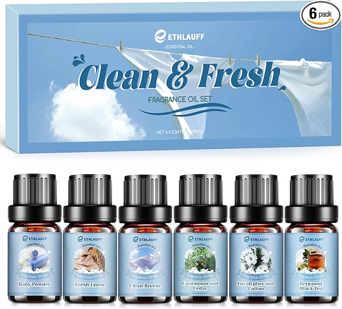 Clean Essential Oils Set, Laundry Collection Essential Oils Set, Pack of 6 Fragrance Oil for Diffuser for Home, Use with Wool Dryer Balls Scents - Fresh Linen, Clean Breeze, Eucalyptus and Cotton