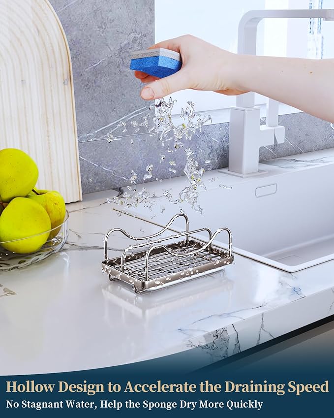 Consumest Sponge Holder for Kitchen Sink - Movable Sink Caddy for Countertop Organizer, 304 Stainless Steel Sponge Holder with Detachable Drip Tray for Kitchen Accessories, Sand Nickel