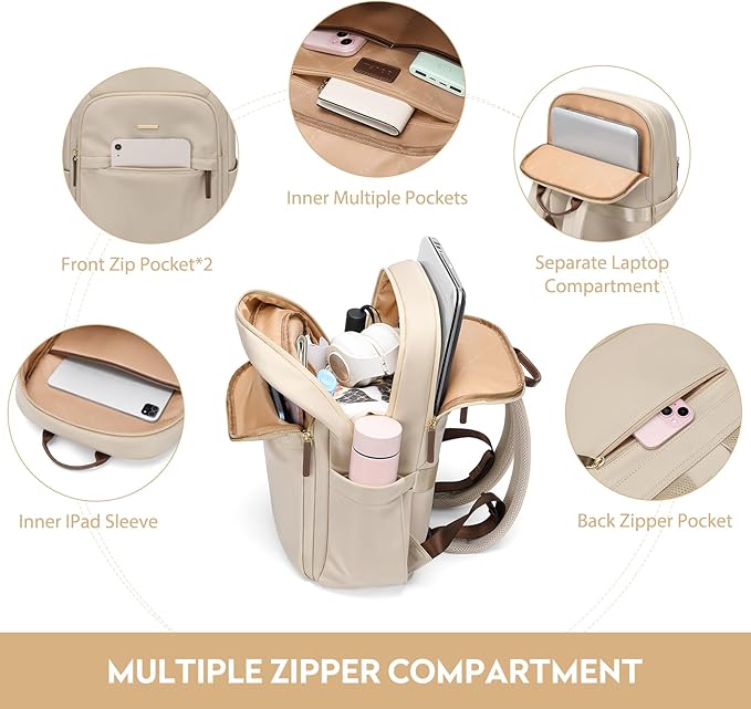 Hiking Travel Backpack for Women Casual Business Weekender Multilayer Laptop Bag,16 Inch,Apricot