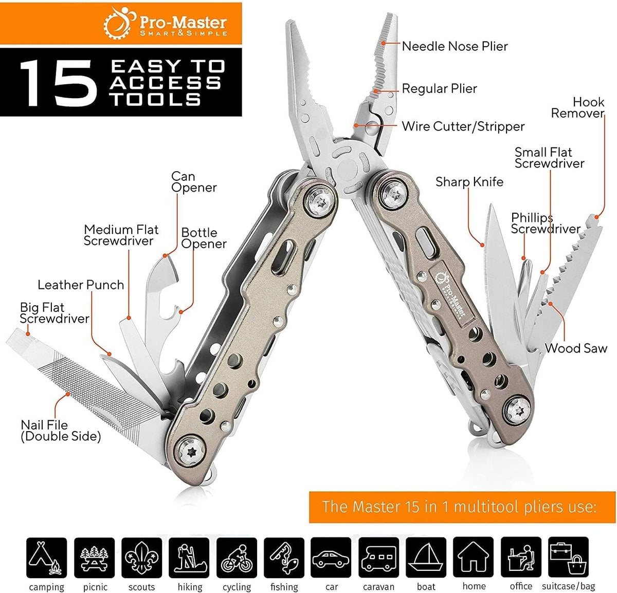 15-in-1 Multitool Pocket Knife, Multipurpose Stainless Steel All In One Tool for Camping Hiking Survival Travel Home - Portable Heavy Duty Folding Utility Multi Tool with Self-Locking