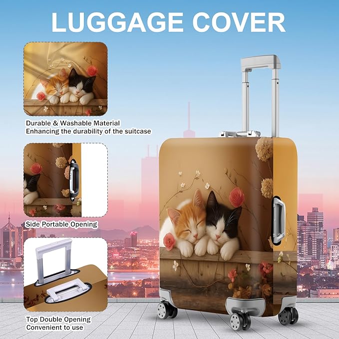 ANNA QUEEN Sleeping Cats Luggage Cover, Adorable Kitten Design with Floral Elements, Stretchable, Washable Travel Sleeve for 24-26 Inch Suitcases