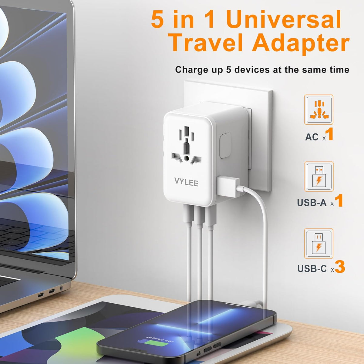 PD100W GaN Universal Travel Adapter, International Power Adapter in One, 3 USB C & 1 USB A & AC Outlet, Travel Adapter Worldwide Plug Adapter with USA EU UK AUS Plugs for Laptops,Tablets,Phones