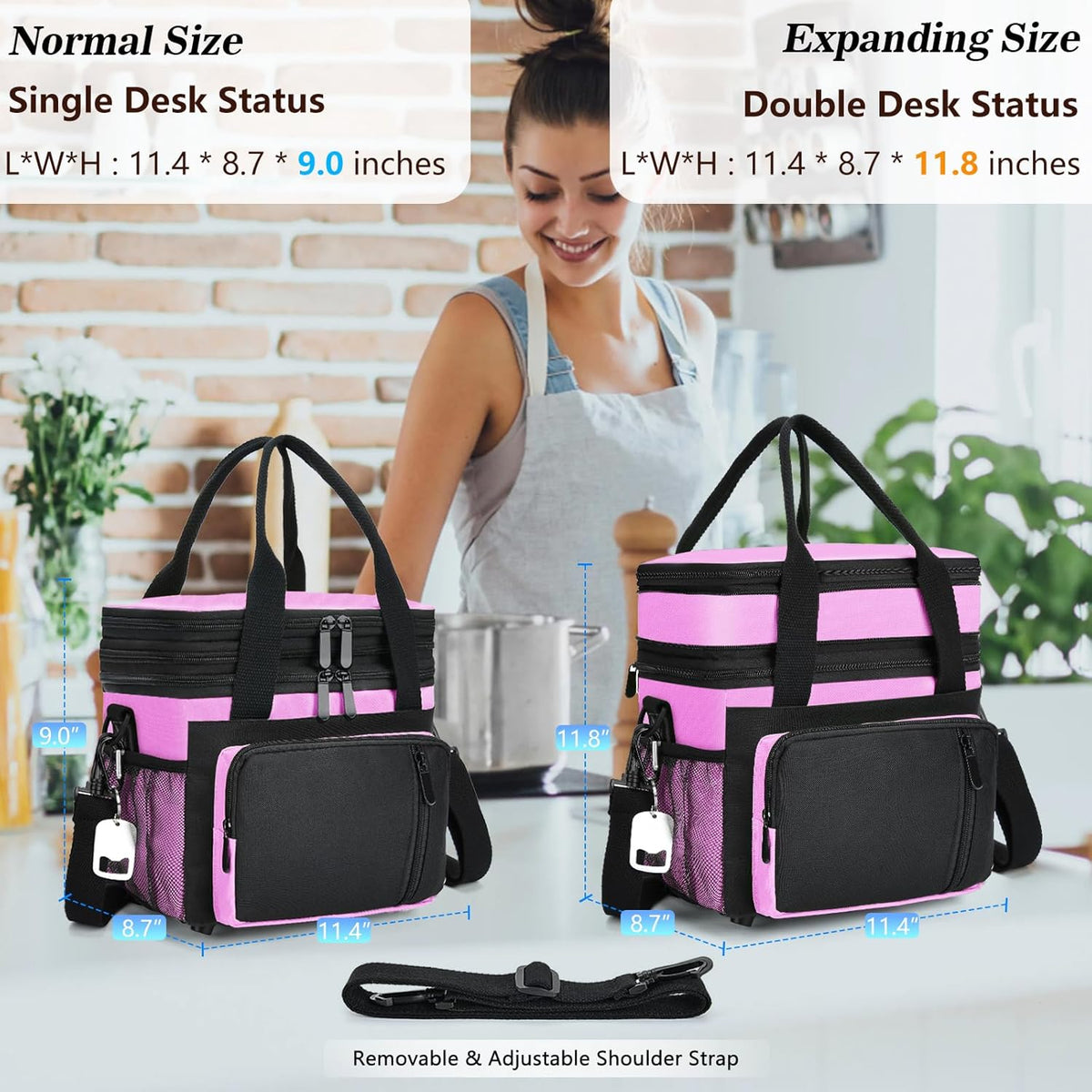 Insulated Lunch Bag Women | Large Adult Lunch Box | Double-Layer Reusable Lunch Bags | Leak-Proof Tote Cooler Bag for Work Picnic Outdoors | 16L, Pink