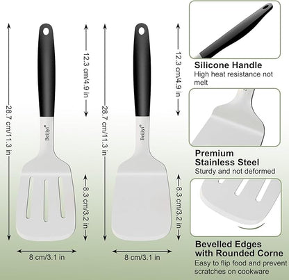 Beijiyi Stainless Steel Spatula Set, 2 Pcs Small Metal Spatula for Cast Iron Skillet, Solid and Slotted Turner Spatulas for Kitchen Use with Silicone Handle, Cooking Utensils for Eggs, Burger, Steak