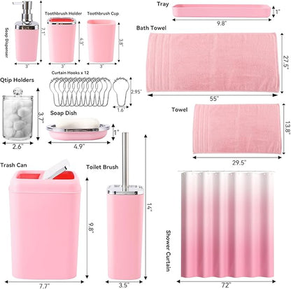 Pink Bathroom Accessories, 24 Pieces Pink Bathroom Accessories Set with Shower Curtain, Bath Towels, Trash Can, Soap Dispenser and Soap Dish for Bathroom/Housewarming