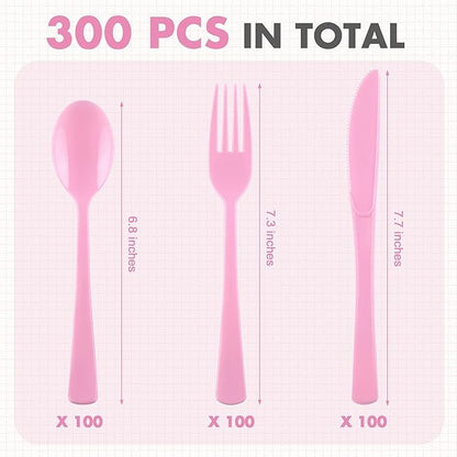 300 Pieces Light Pink Plastic Silverware Heavy Duty Plastic Cutlery Set Heavyweight Disposable Flatware Includes Spoons Forks Knifes for Birthday Party Prom Night Wedding Dinner