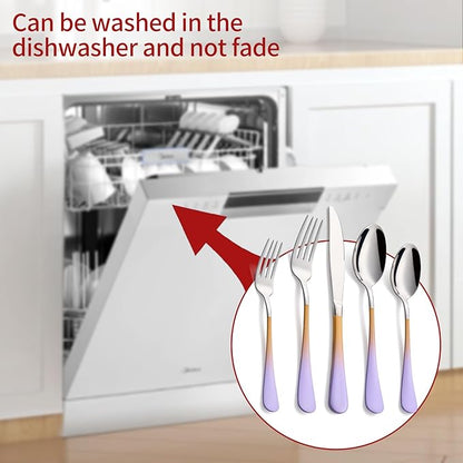Colorful Silverware Set 20 Piece 18/0 Stainless Steel Flatware Purple and Orange Handle Cutlery Set Service for 4 Fork Knife Spoon Set Mirror Finish Dishwasher Safe