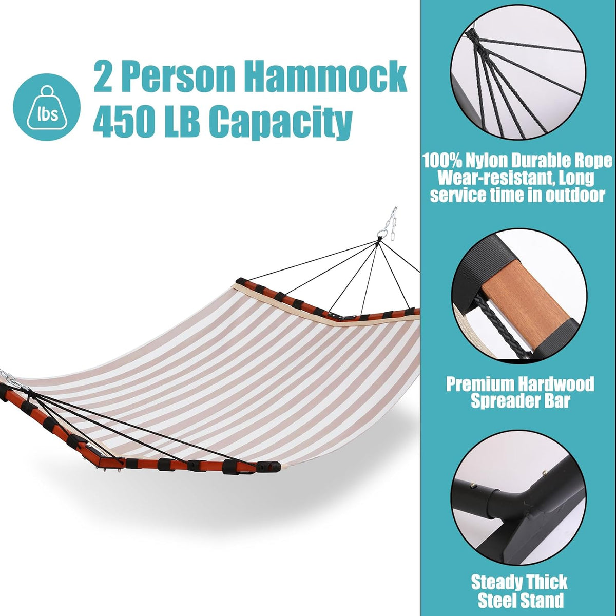 TegerDeger 12FT 2 Person Hammock Large Hammock Quick Dry 450LB Capacity with V Shaped Hardwood Spreader Bar & Nylon Rope for Outside, Patio, Garden, Backyard, Beach, Poolside - Beige Stripes